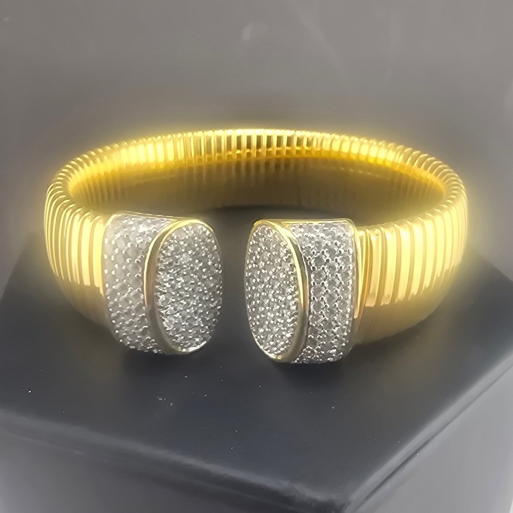 Bronze Milor Estate Cuff Bracelet Gold Tone Ribbed Pave Rhinestones 6.25